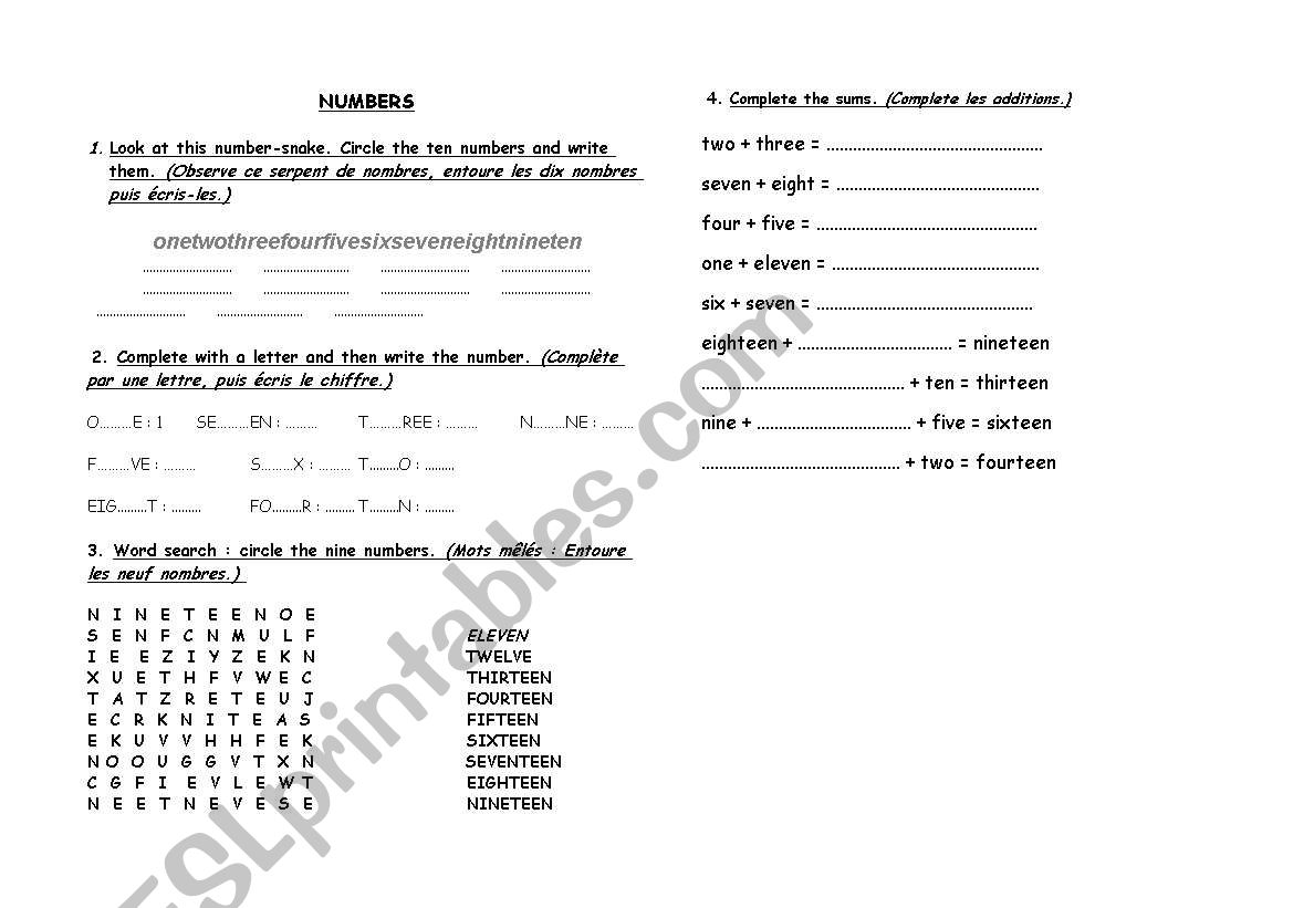 numbers worksheet