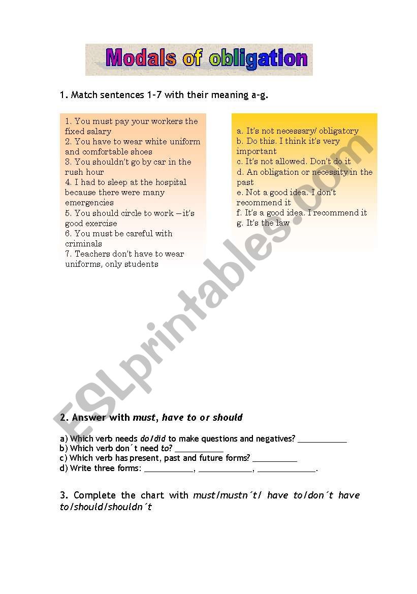 Modals of obligation worksheet