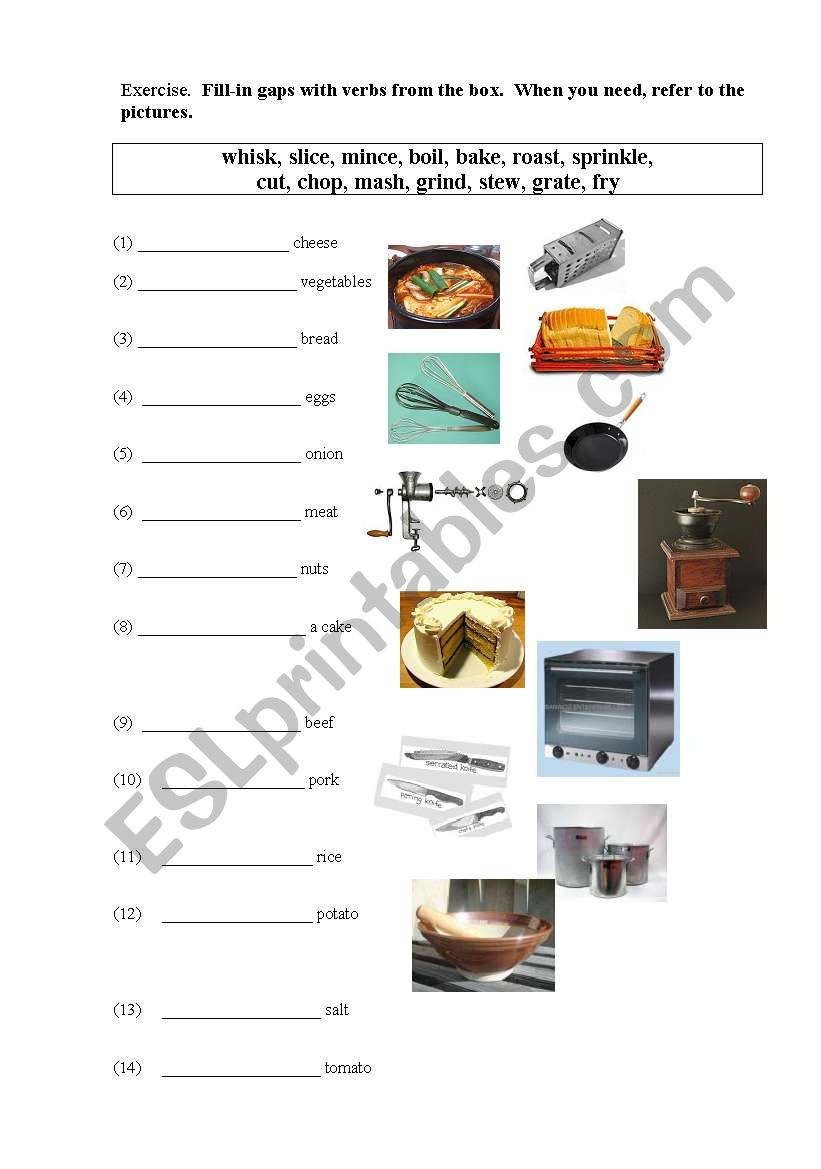 gap fill-in exercise for vocabulary lesson on cooking verbs