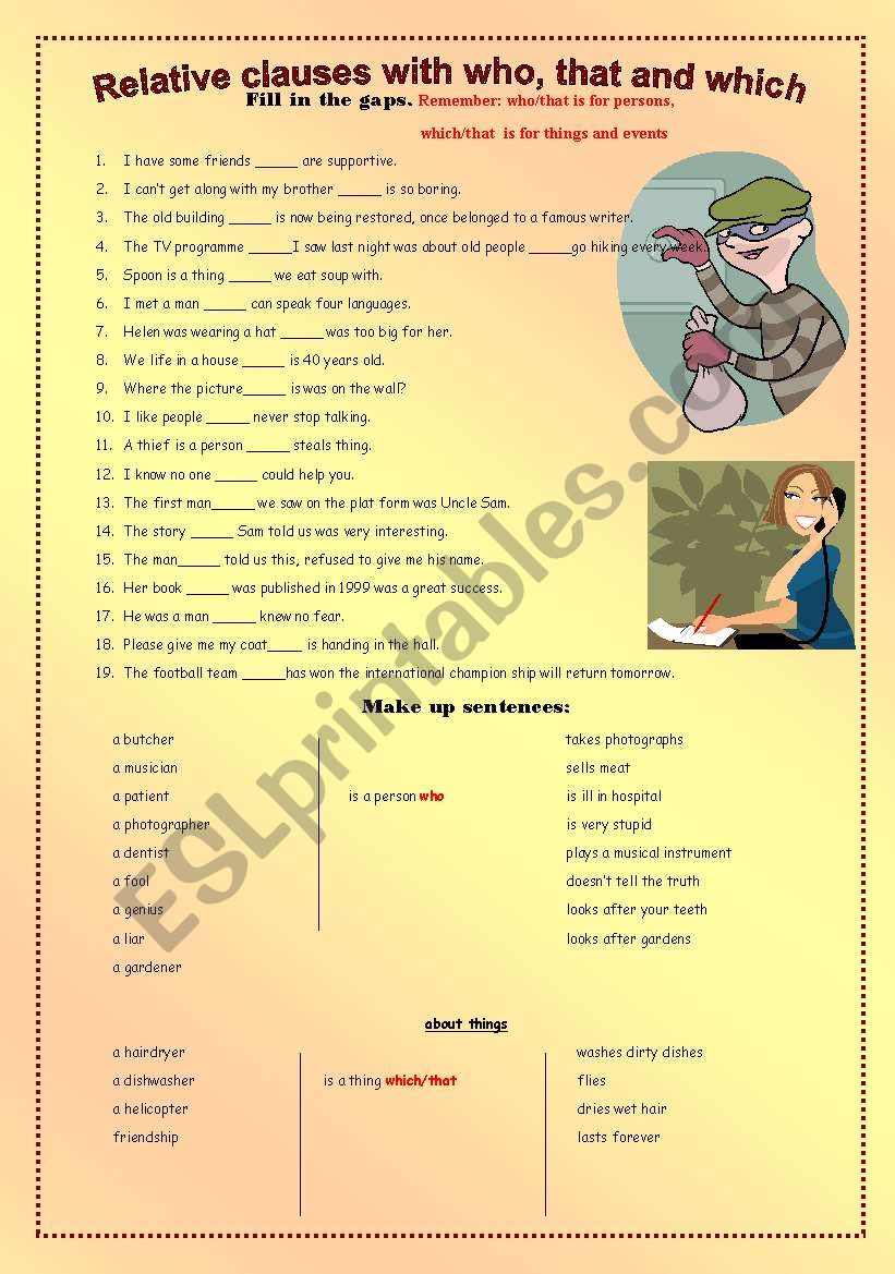 Relative clauses with who, that and which.