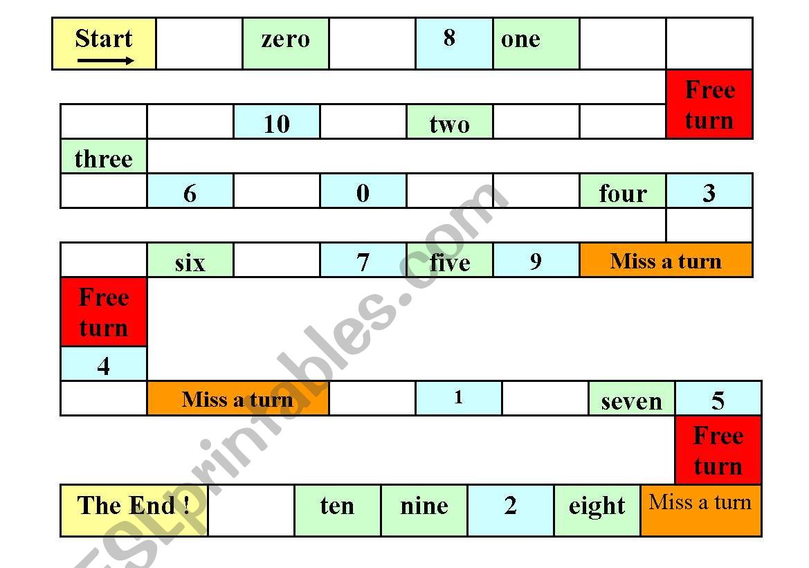 Numbers board game worksheet