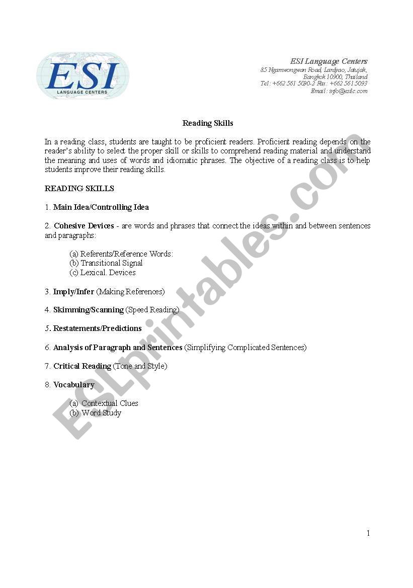 Reading Skills  worksheet