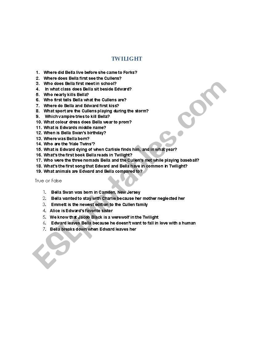 TWILIGHT worksheet
