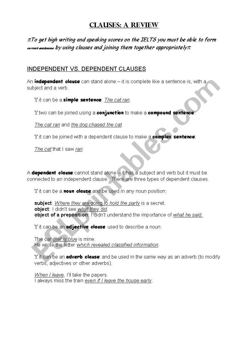 Clauses overview worksheet