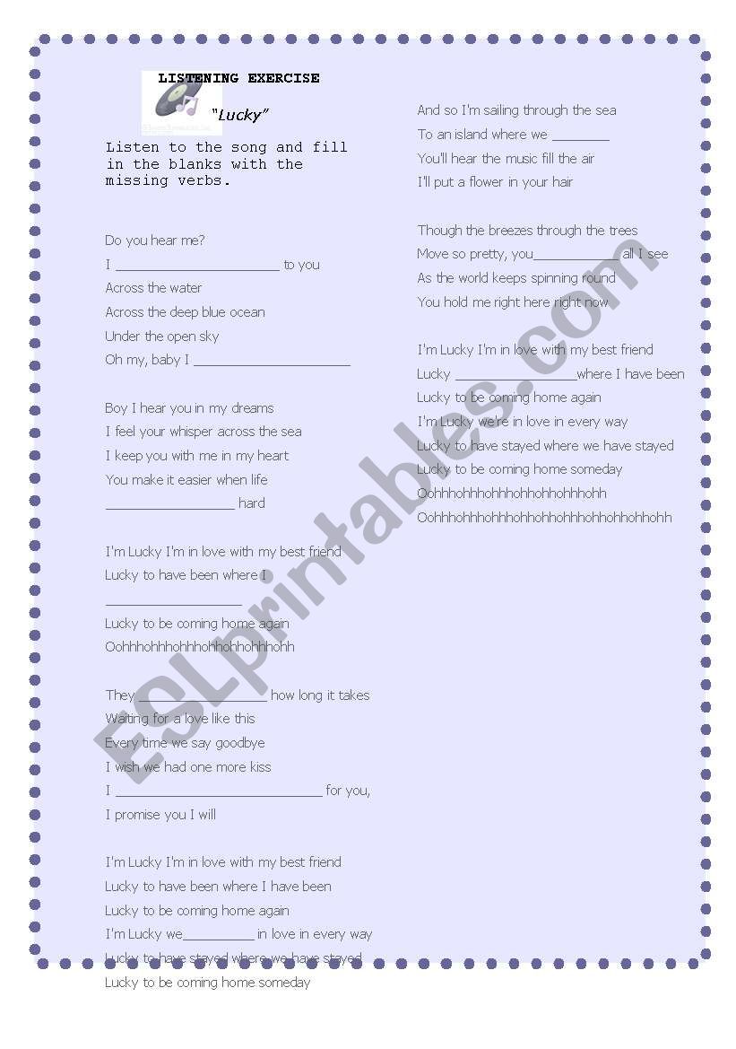 Lucky by Jason Mraz and Colbie Callet ( revision tense activity)