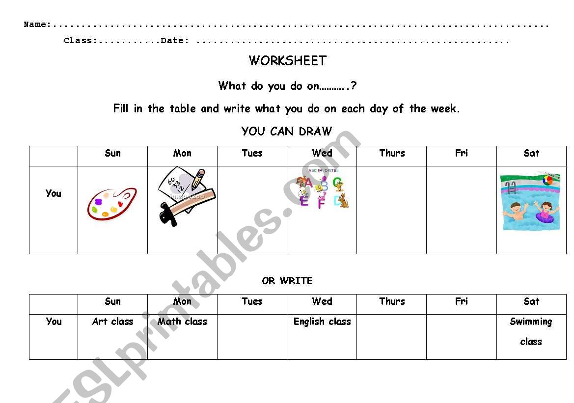 Days of the week activities worksheet