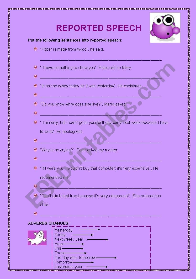 Reported speech worksheet