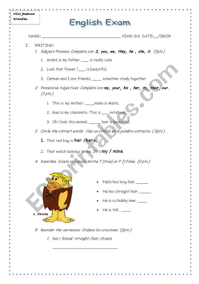 Englsih exam: Subject, object , possessive pronouns, possessive adjectives, physical appearance and more