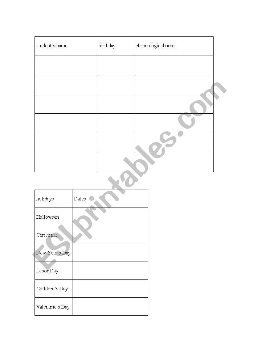 Birthdays and holidays worksheet