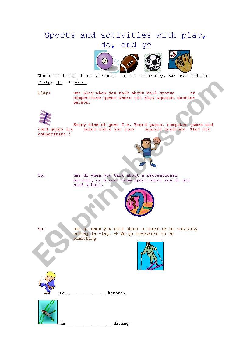 Sports with play, go, and do worksheet