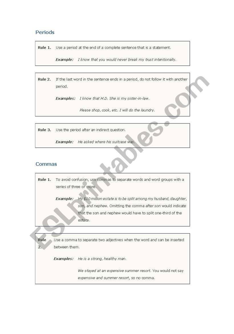 punctuation rule  worksheet