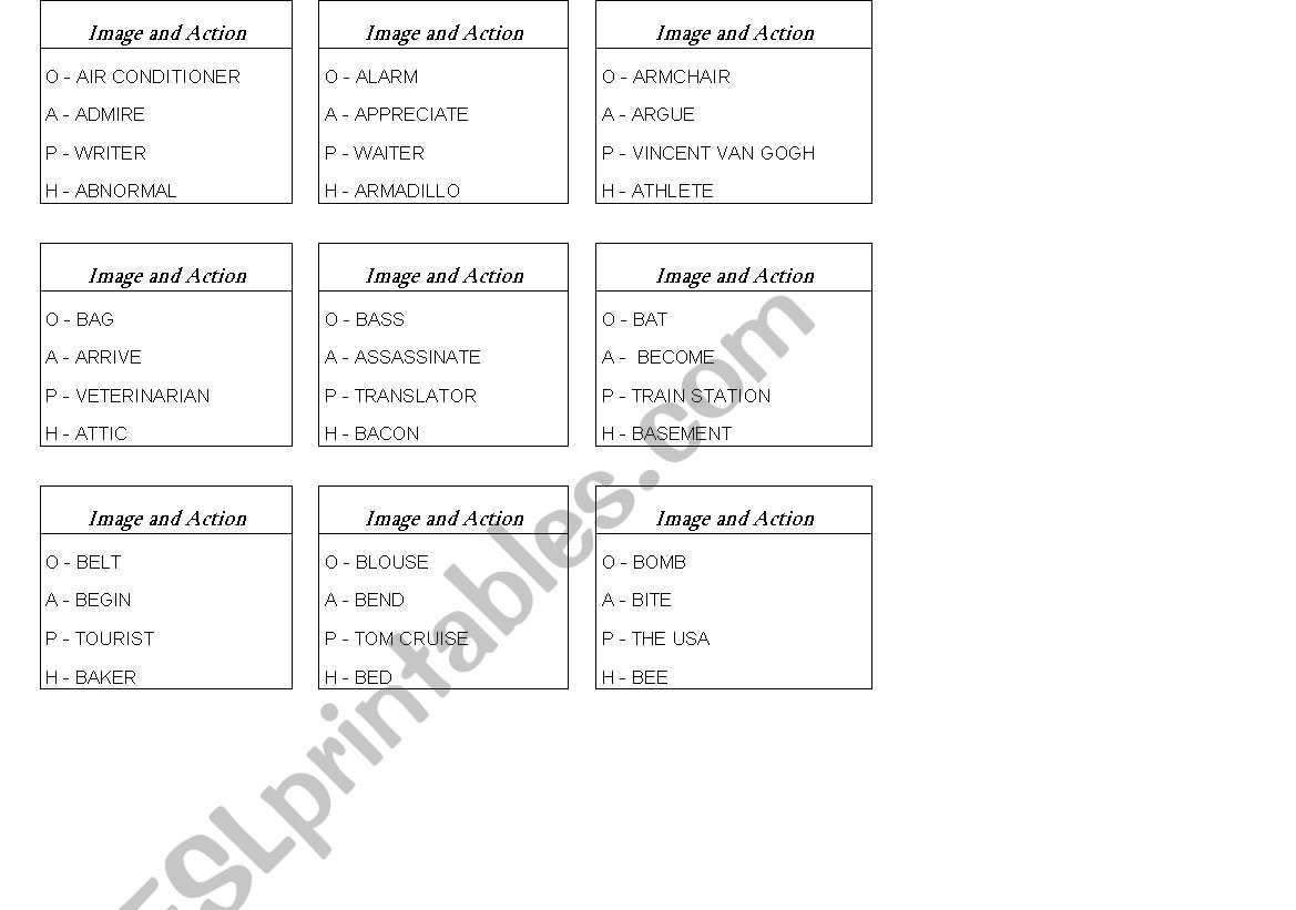 Image and Action CARDS worksheet