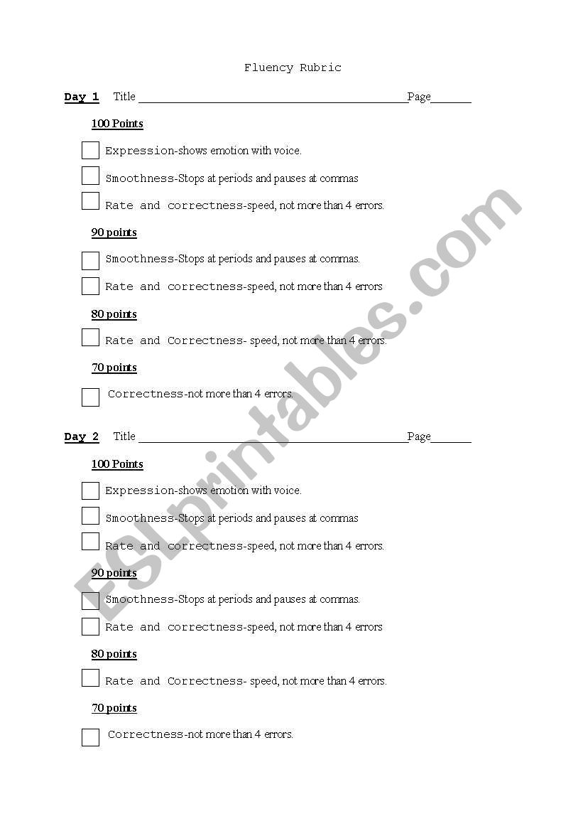 scoring rubric for fluency worksheet