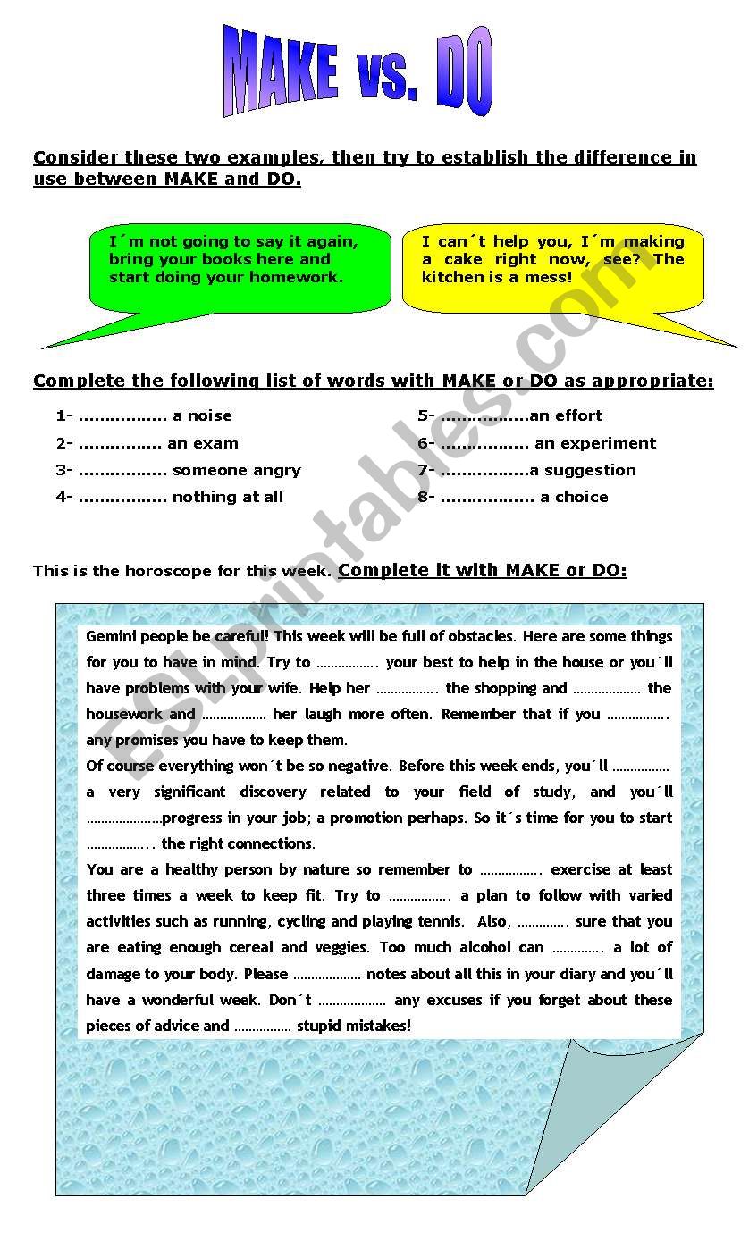 make vs. do worksheet