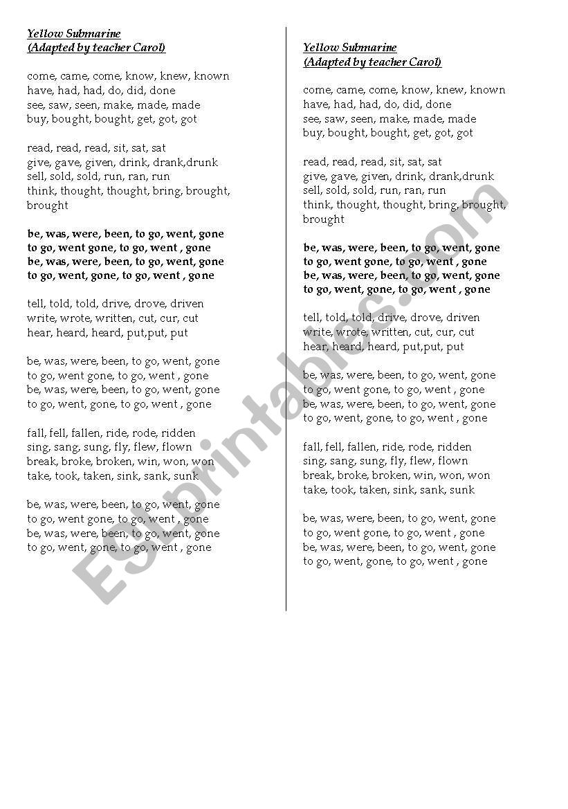 Irregular verbs with song worksheet