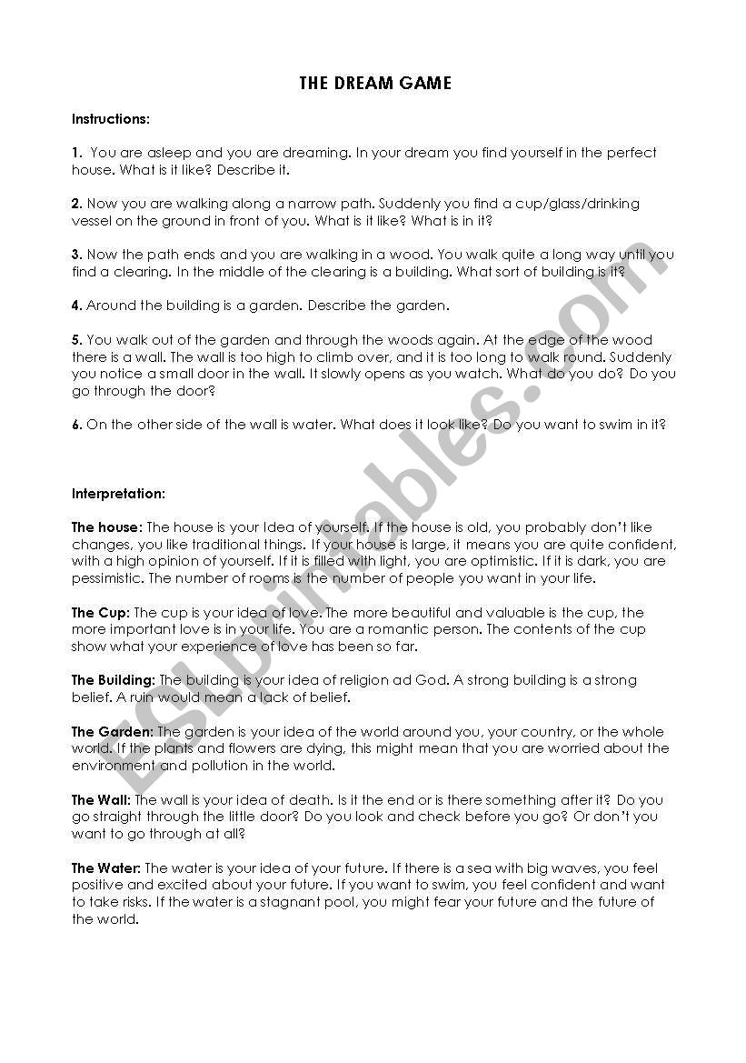 The Dream Game worksheet