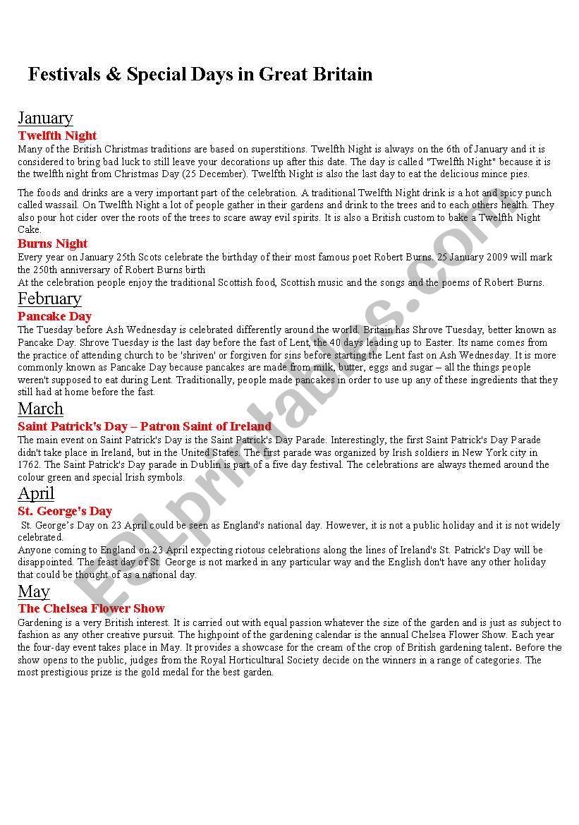 festivals in UK worksheet