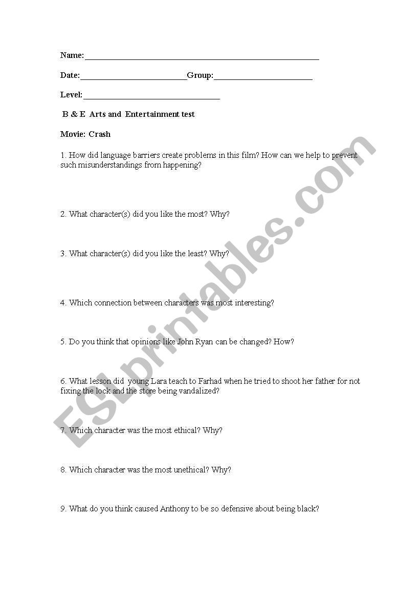 Movie Activity ( Crash) worksheet