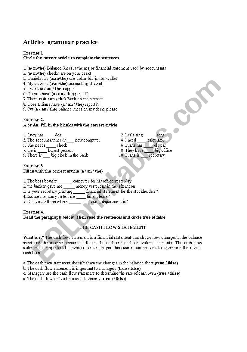 Articles Practice worksheet