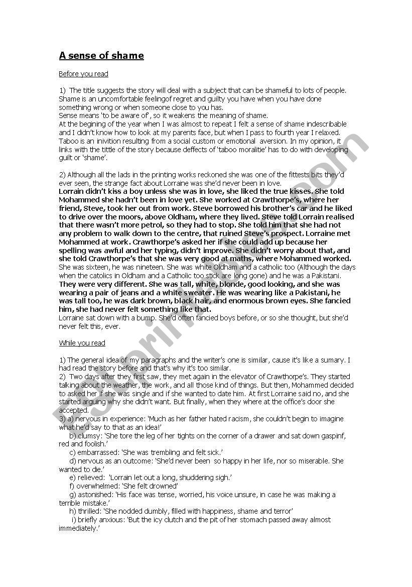 English worksheets: Sense of shame