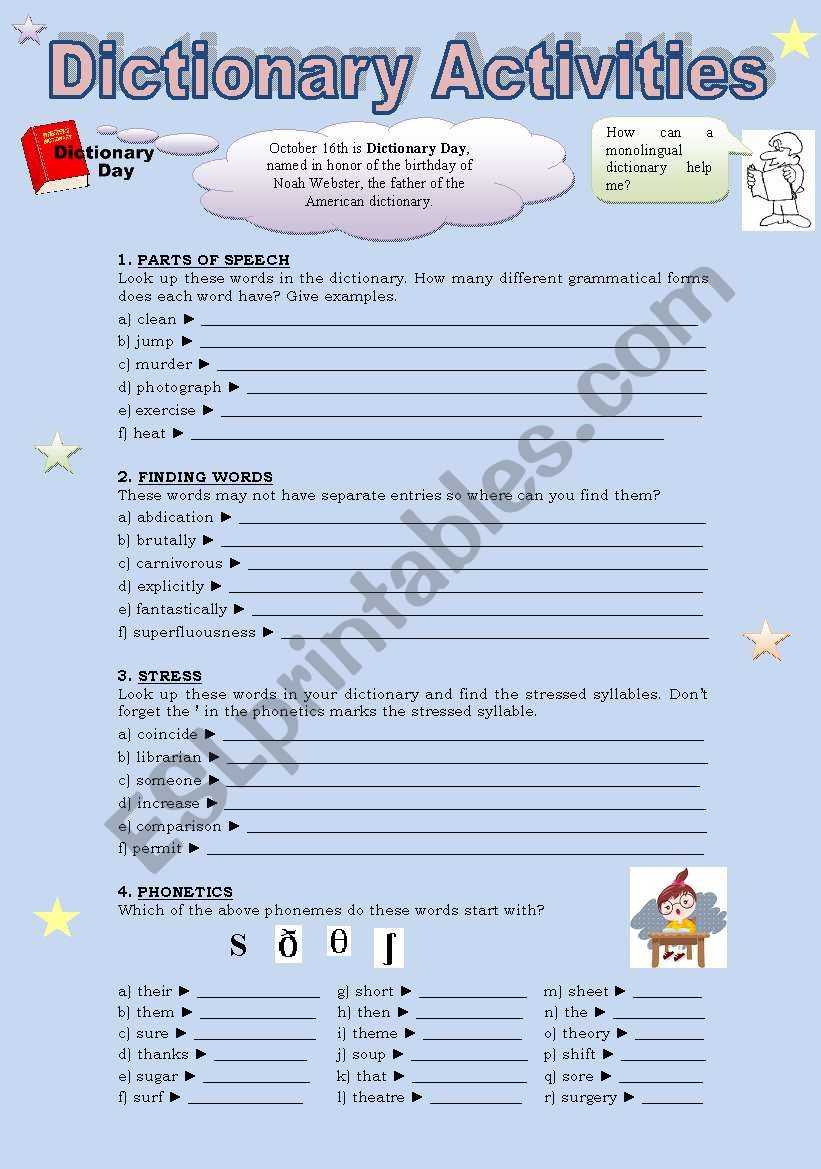 DICTIONARY ACTIVITIES - exercises (2 pages)