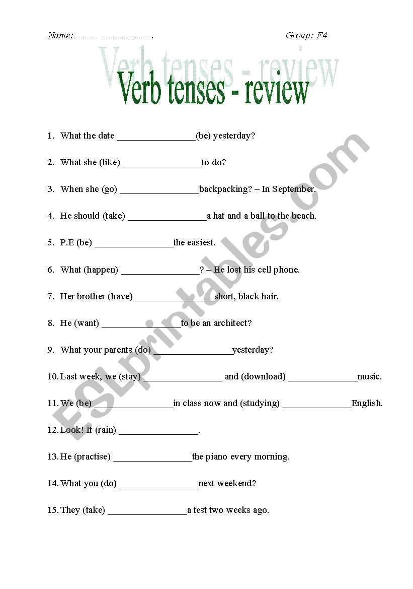 verb tense - review worksheet