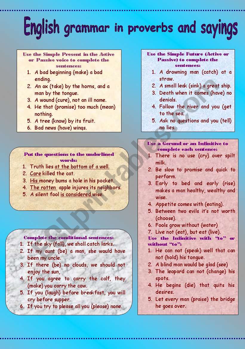 English Grammar in proverbs worksheet