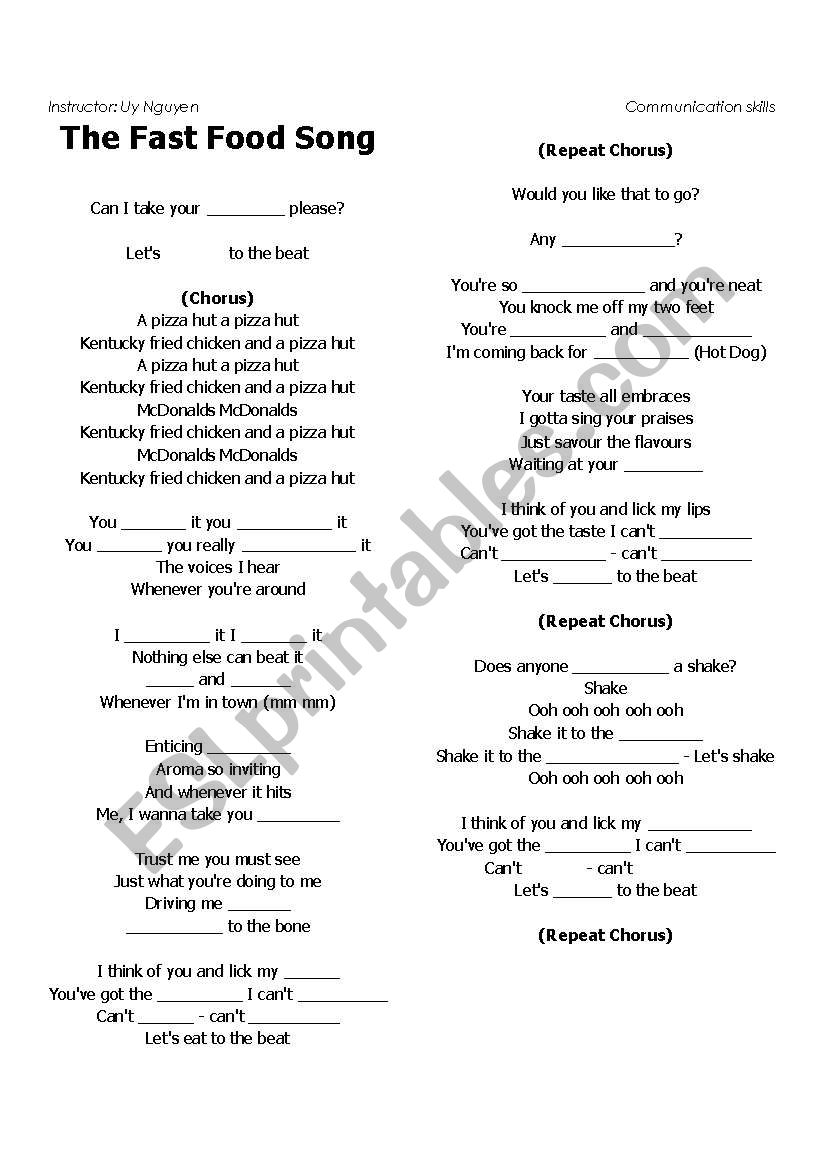 The Fast Food song worksheet