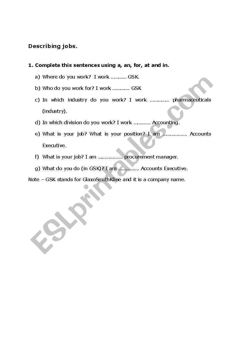 Describing Jobs worksheet