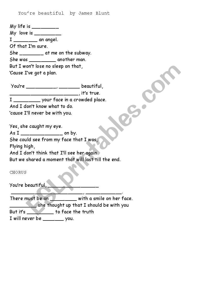 Song: You are beautiful worksheet