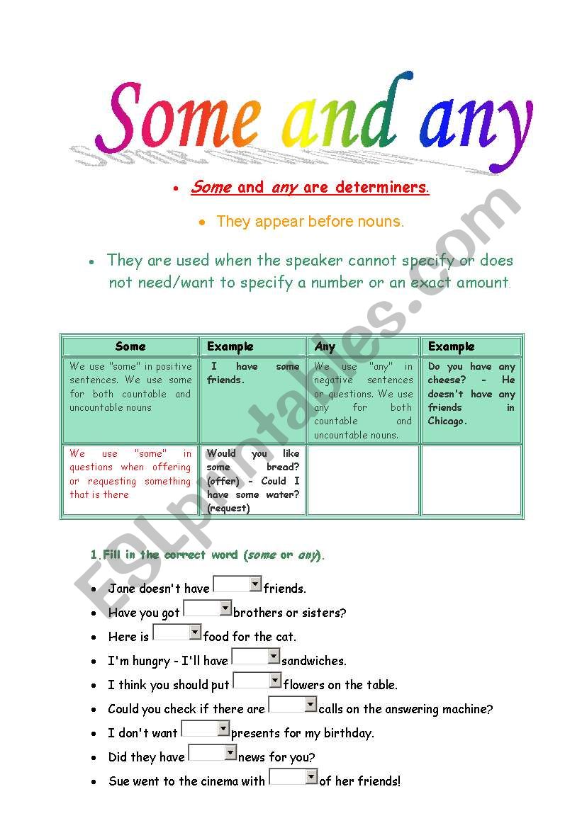 Some and any worksheet