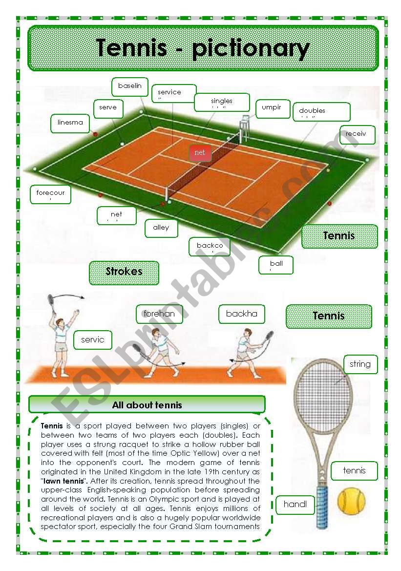 Tennis- pictionary worksheet