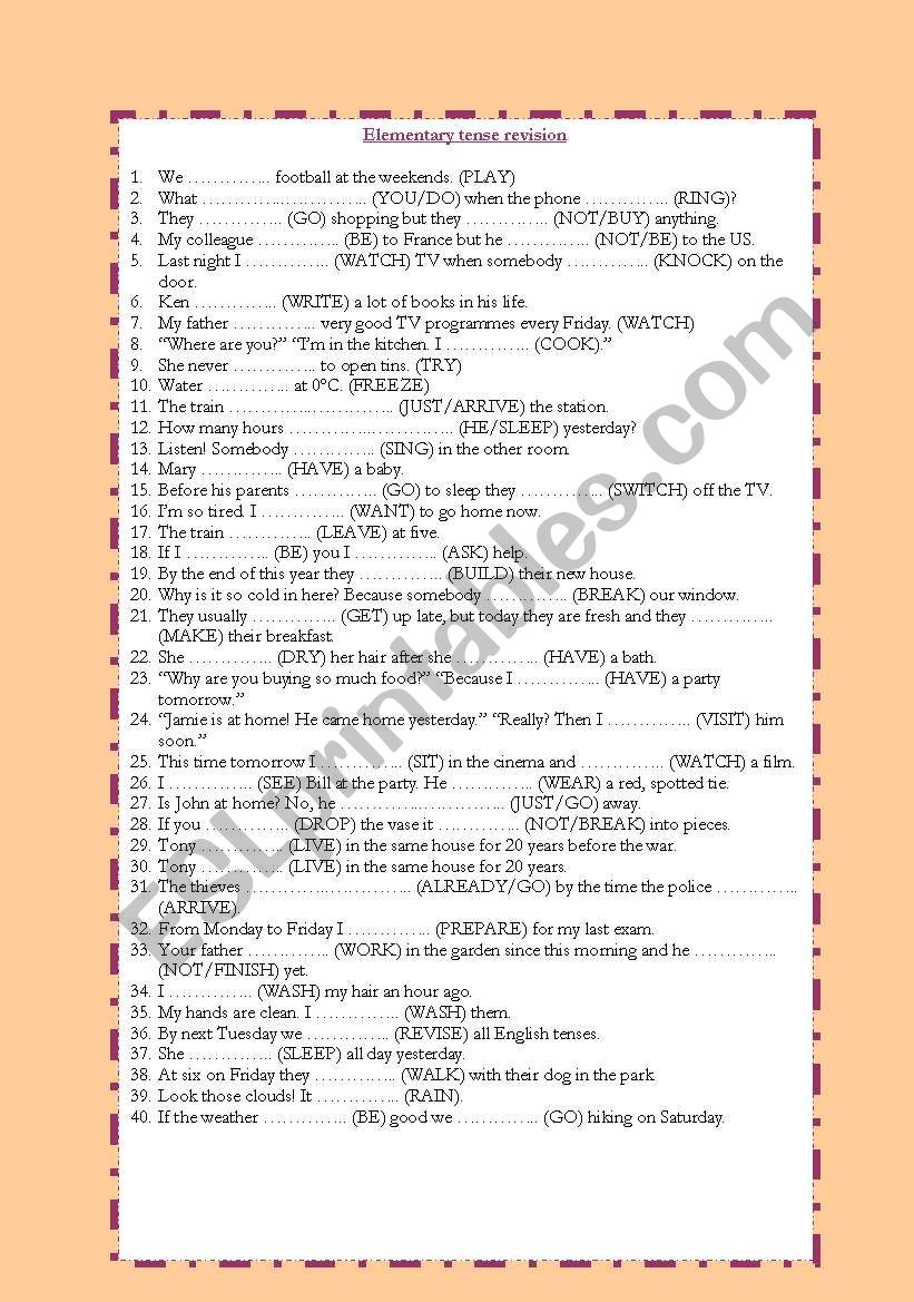 elementary tense revision worksheet