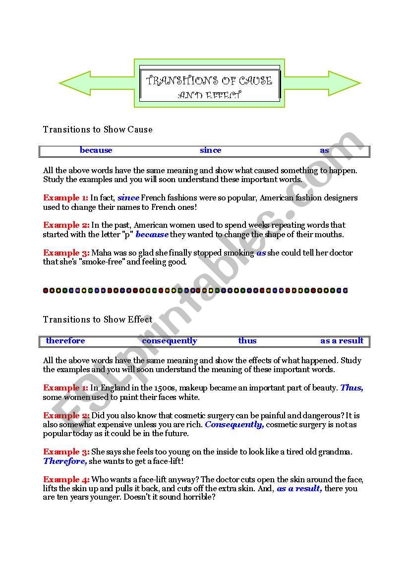 Transitions of Cause and Effect: Examples and Exercises