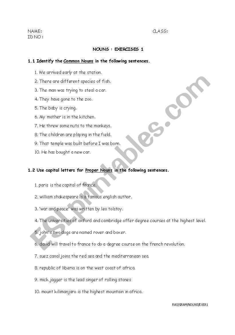 noun worksheet