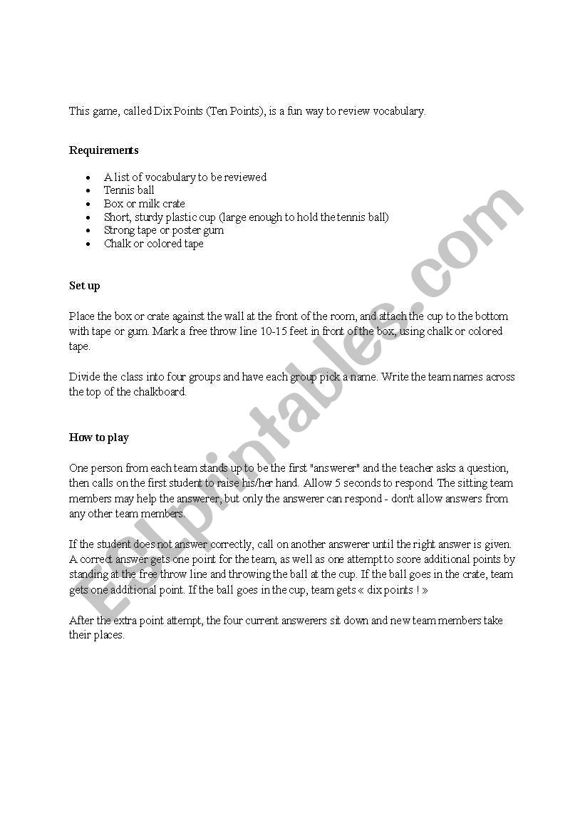 Games worksheet