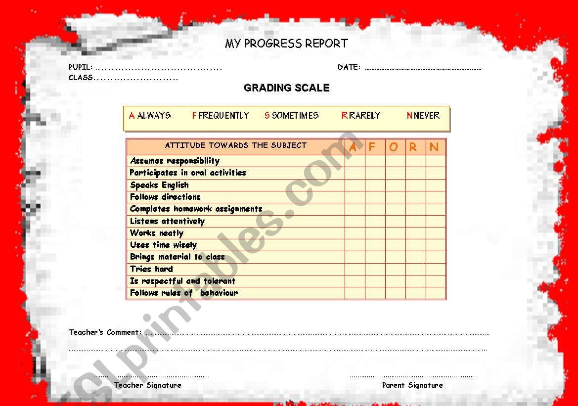 MY PROGRESS REPORT worksheet