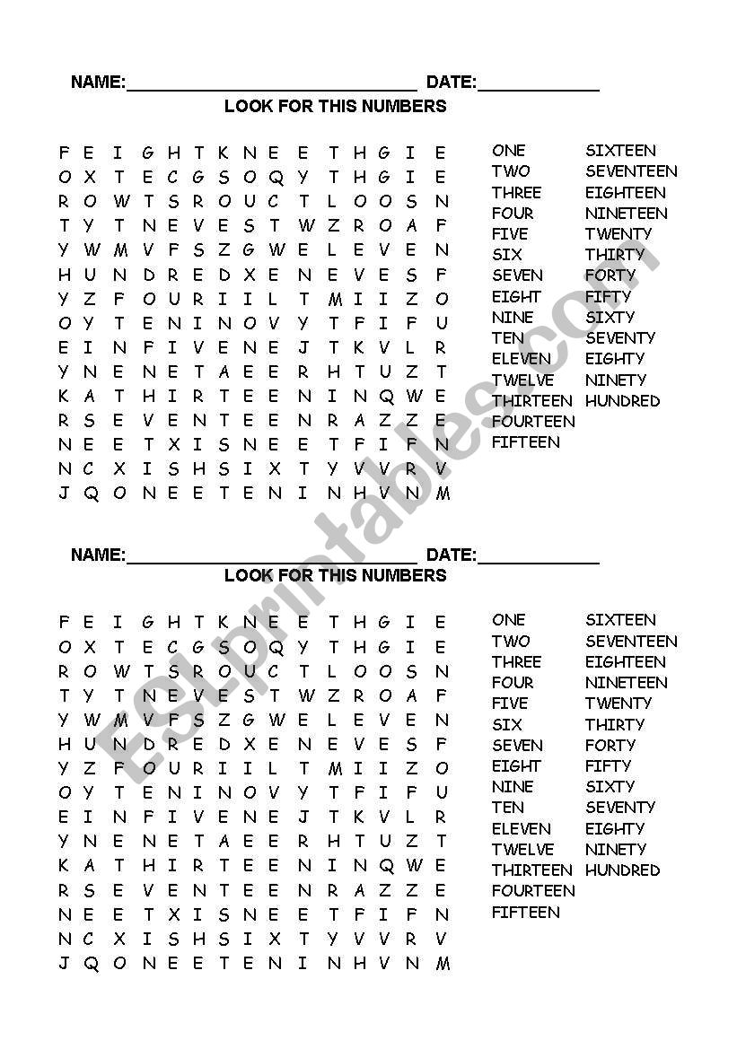 Numbers Wordsearch worksheet