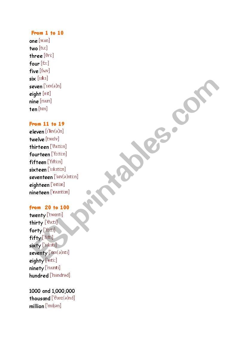 numbers from 1to 100 and their phonetics