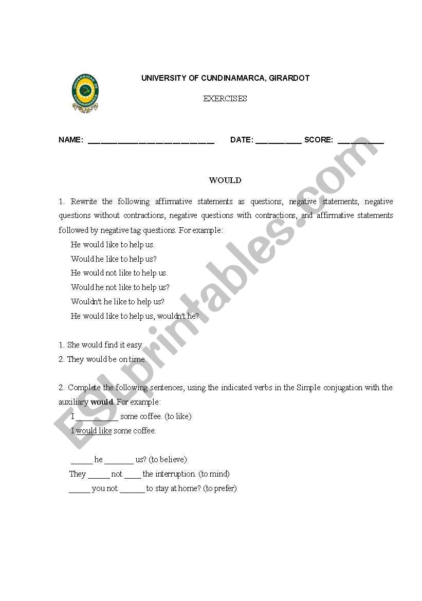 USE TO -WOULD worksheet
