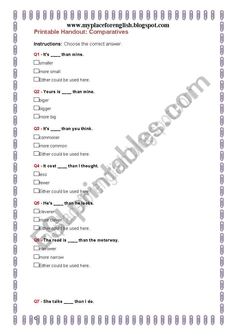 COMPARATIVES PRINTABLE HANDOUT FOR TEACHERS PLUS KEYS