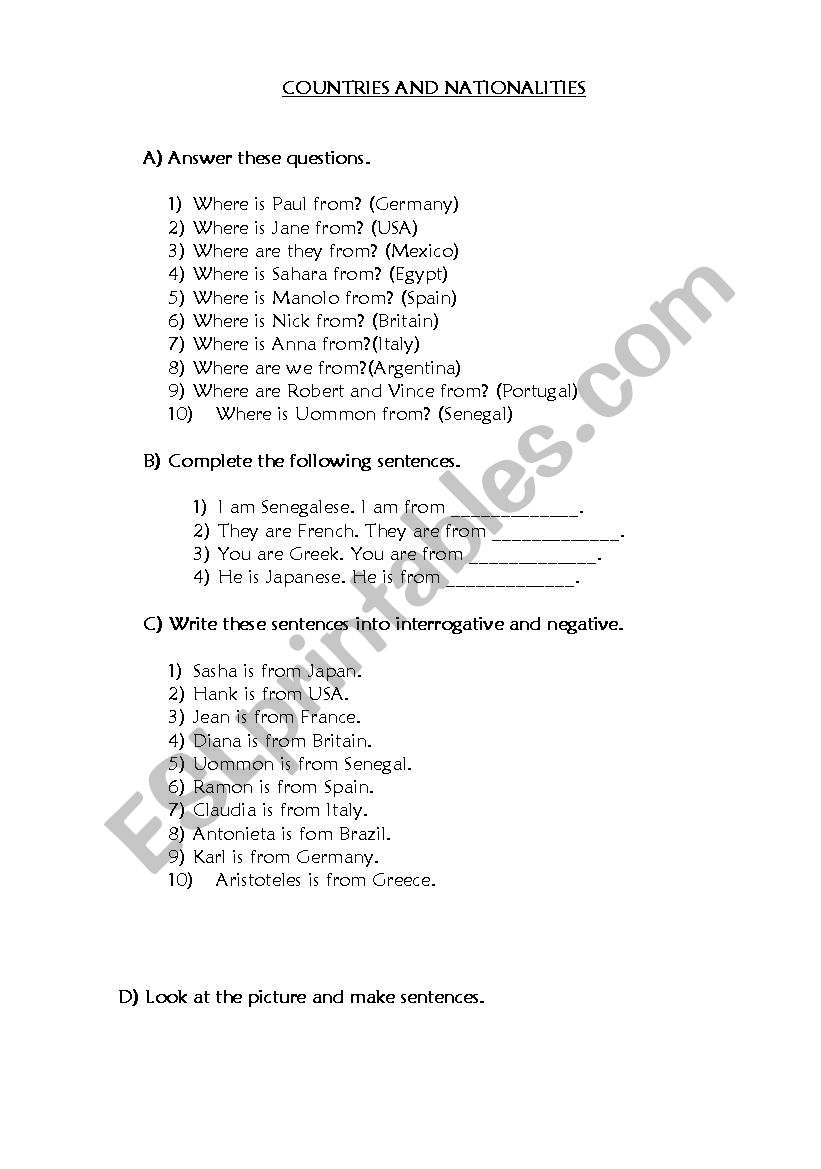 Countires and Nationalities worksheet
