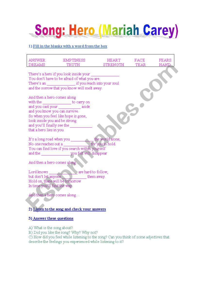 Hero by Mariah Carey worksheet