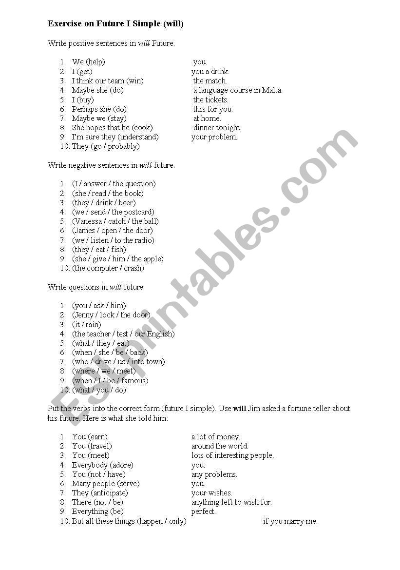 Future simpe exercises worksheet