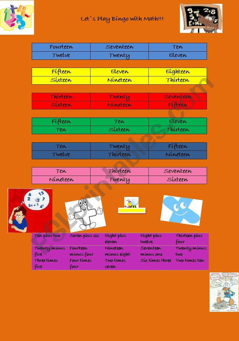 GAME: playing Bingo with Math    Numbers: 1-20