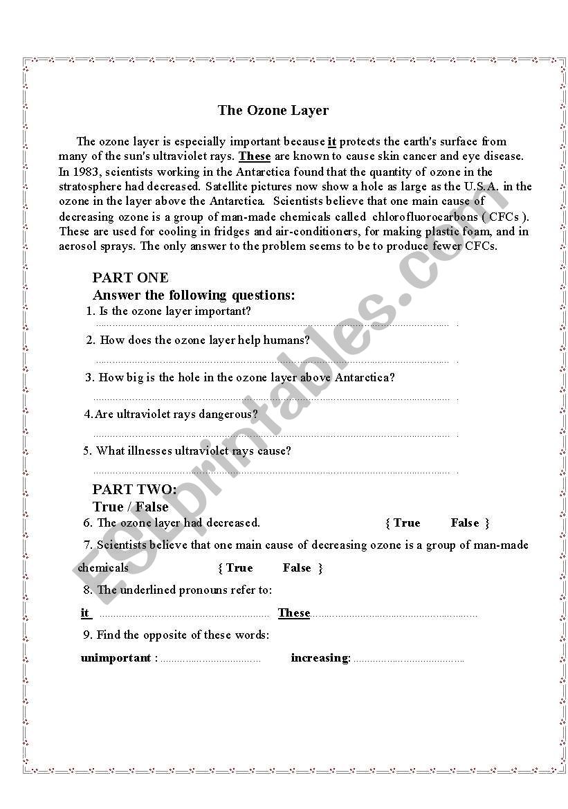 The Ozone Layer worksheet