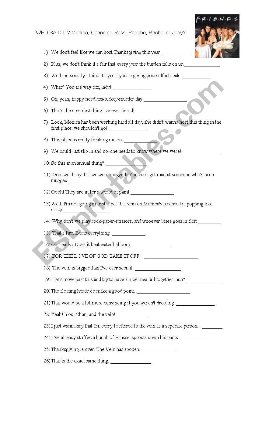 Sitcoms FRIENDS EPISODE worksheet