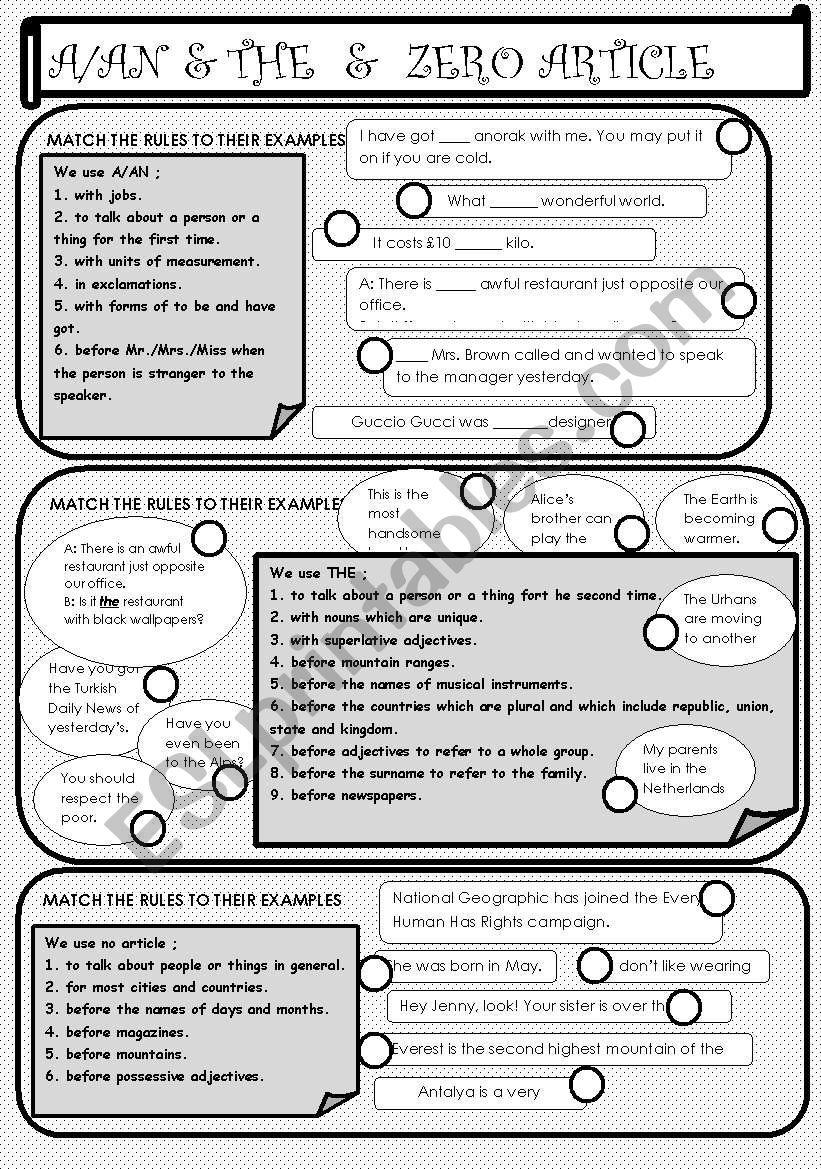 A/AN & THE & ZERO ARTICLE worksheet