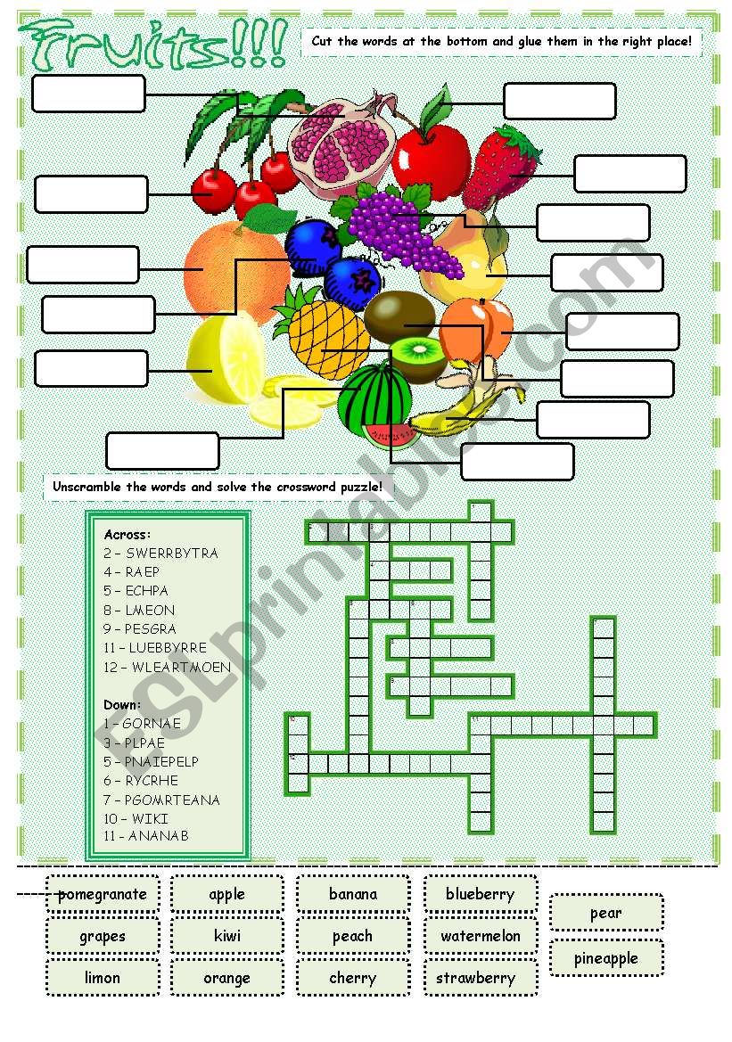 Fruits - cut and paste + crosswords