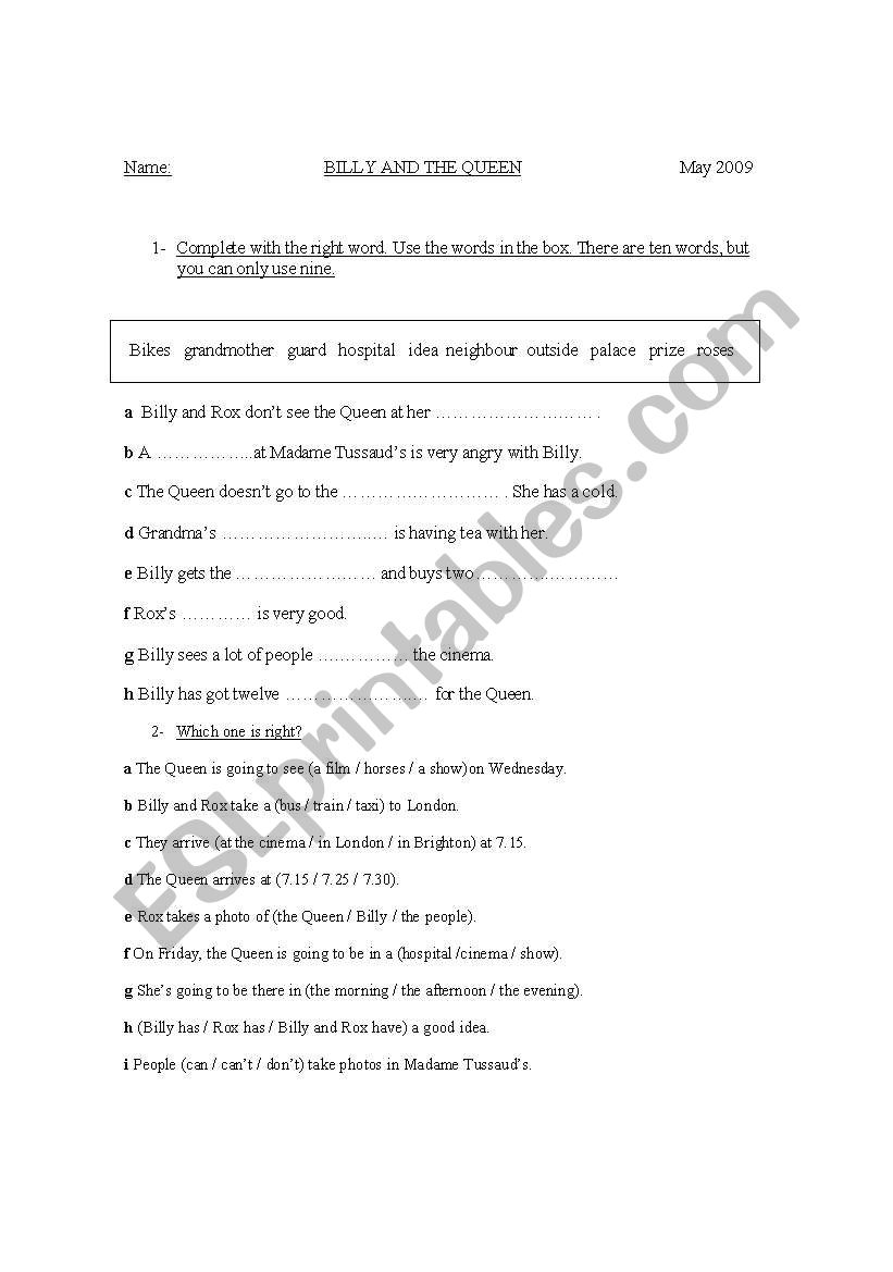 Billy and the Queen worksheet